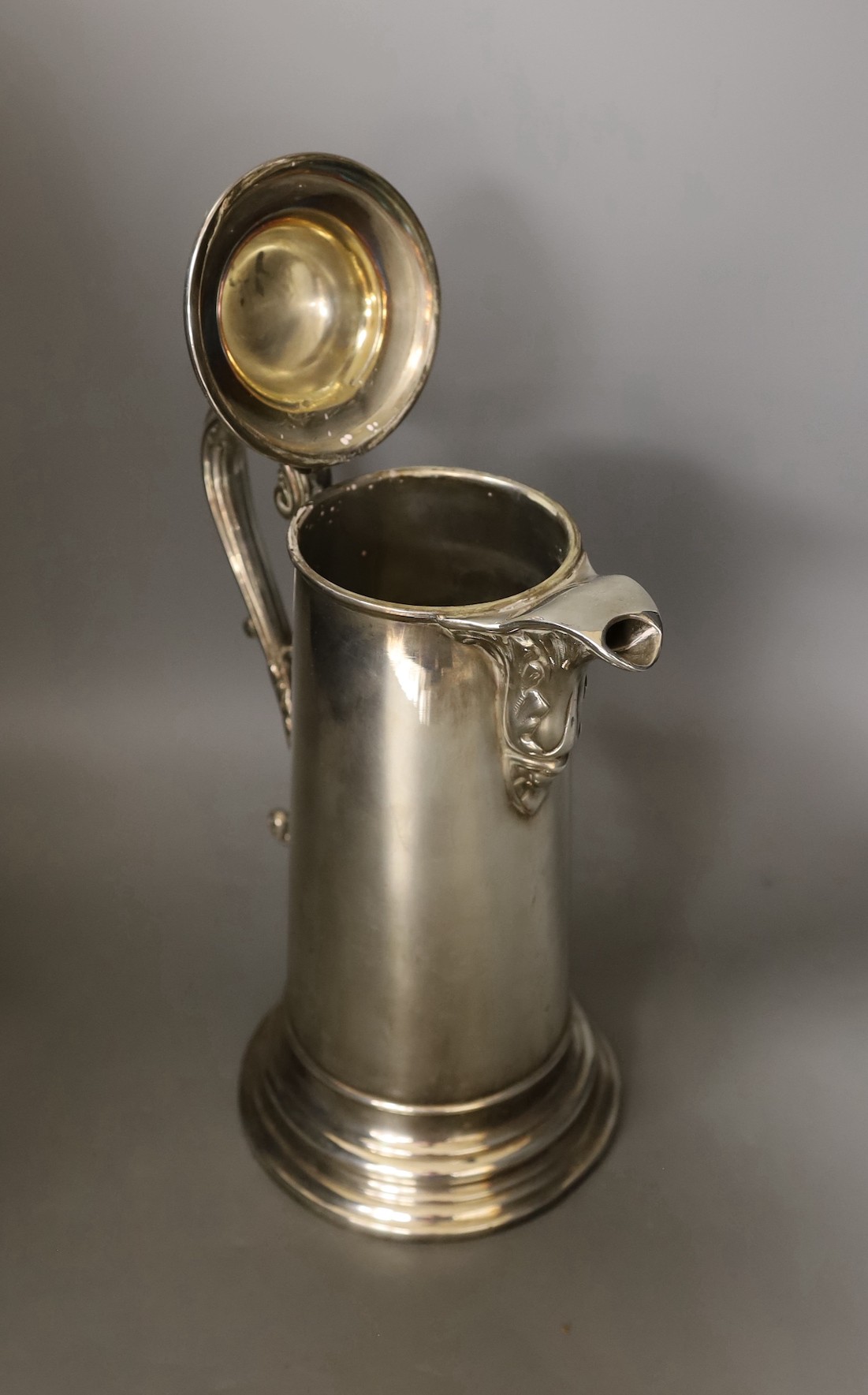A 19th century silver plated flagon, with domed cover, by W. Tyler, Sheffield, height 31.2cm.